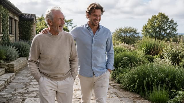 A father and his adult son walking together along a garden path outside a stone house