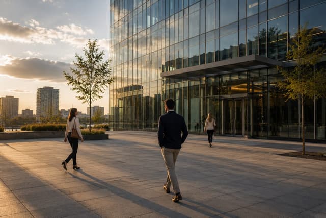 A planted walkway through an office plaza in the late afternoon