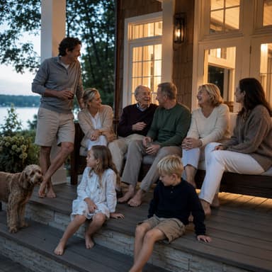 Three generations of a family talking together on a porch at dusk